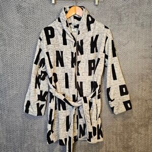 Victoria's Secret PINK Plush Logo‎ Robe Grey Black XS/S Shawl Collar Tie Belt